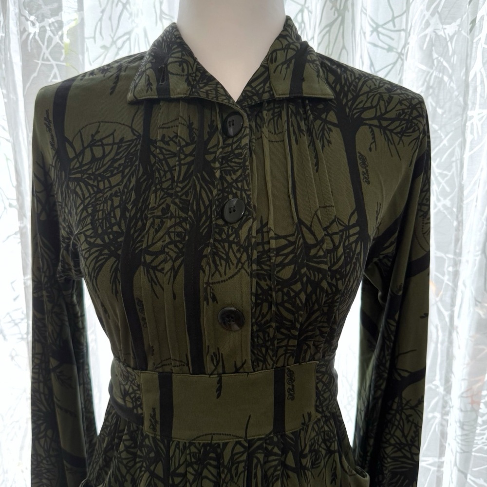 MARA HOFFMAN GREEN BLACK FOREST TREE PRINT SILK LONG SLEEVE WAIST BELT DRESS - Picture 4 of 13